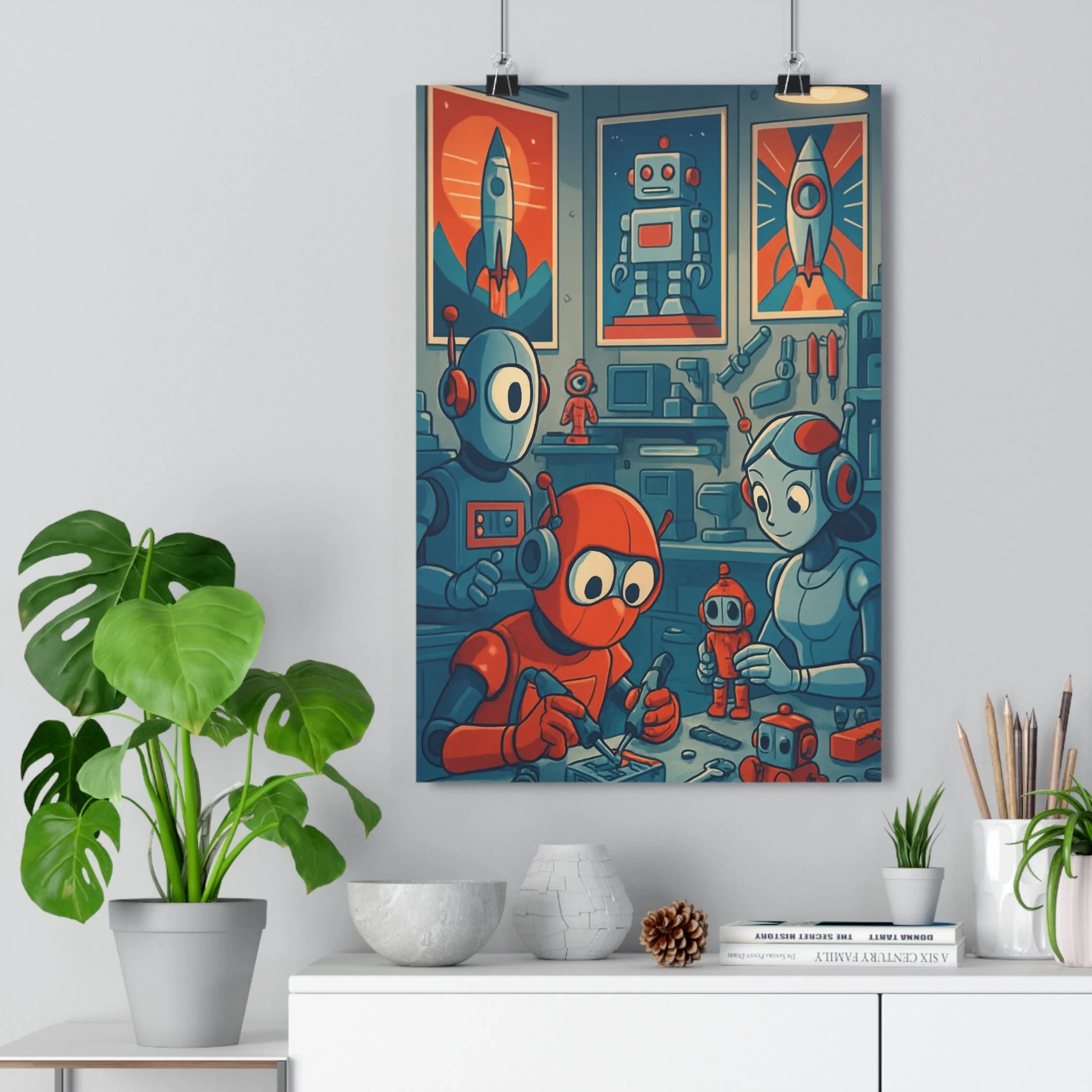 Poster décoratif rétrofuturiste bleu rouge moderne robots chambre bureau ambiance nostalgique art unique qualité