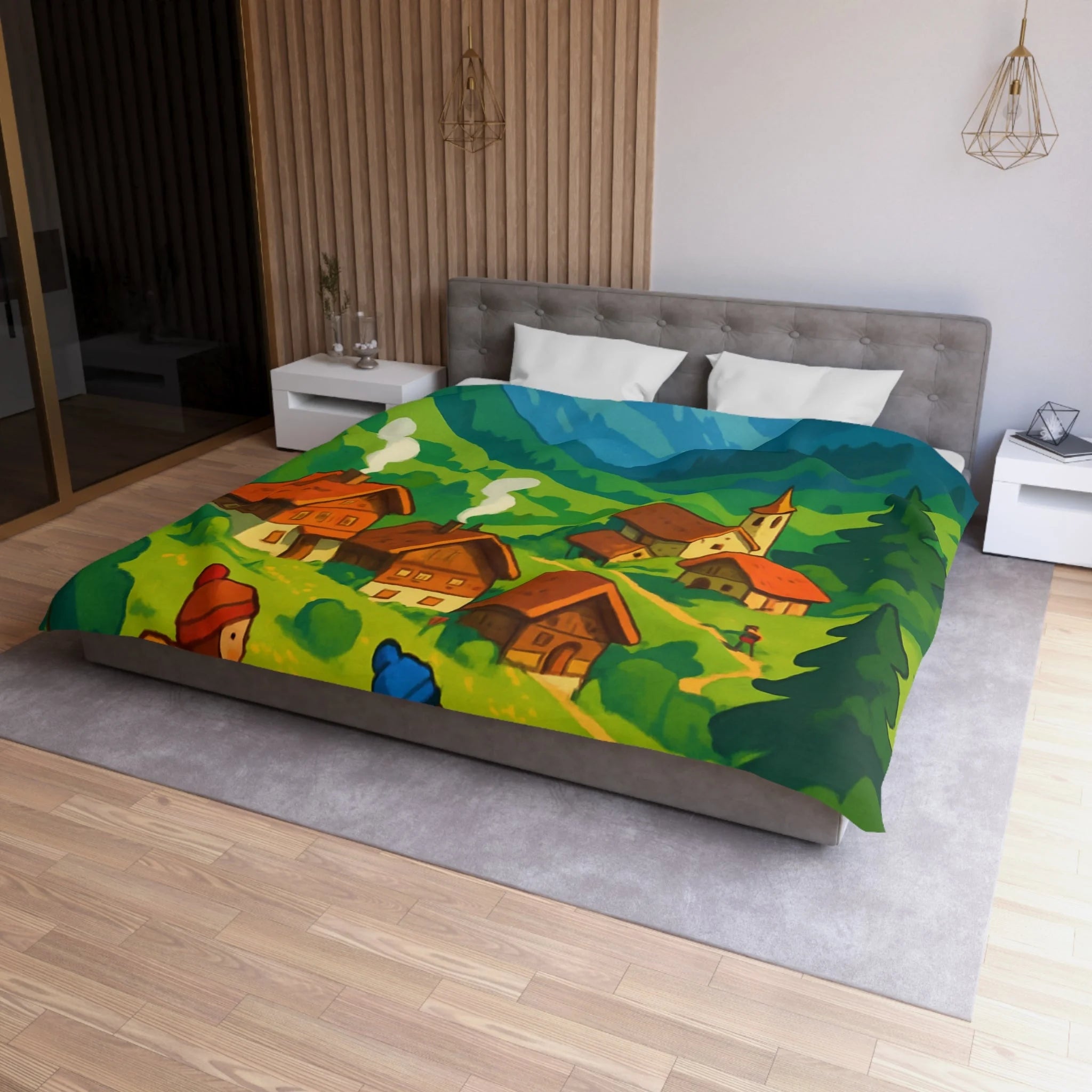 Housse de Couette Montagne avec Aventureurs, Chalets et Paysage Montagnard Enneigé