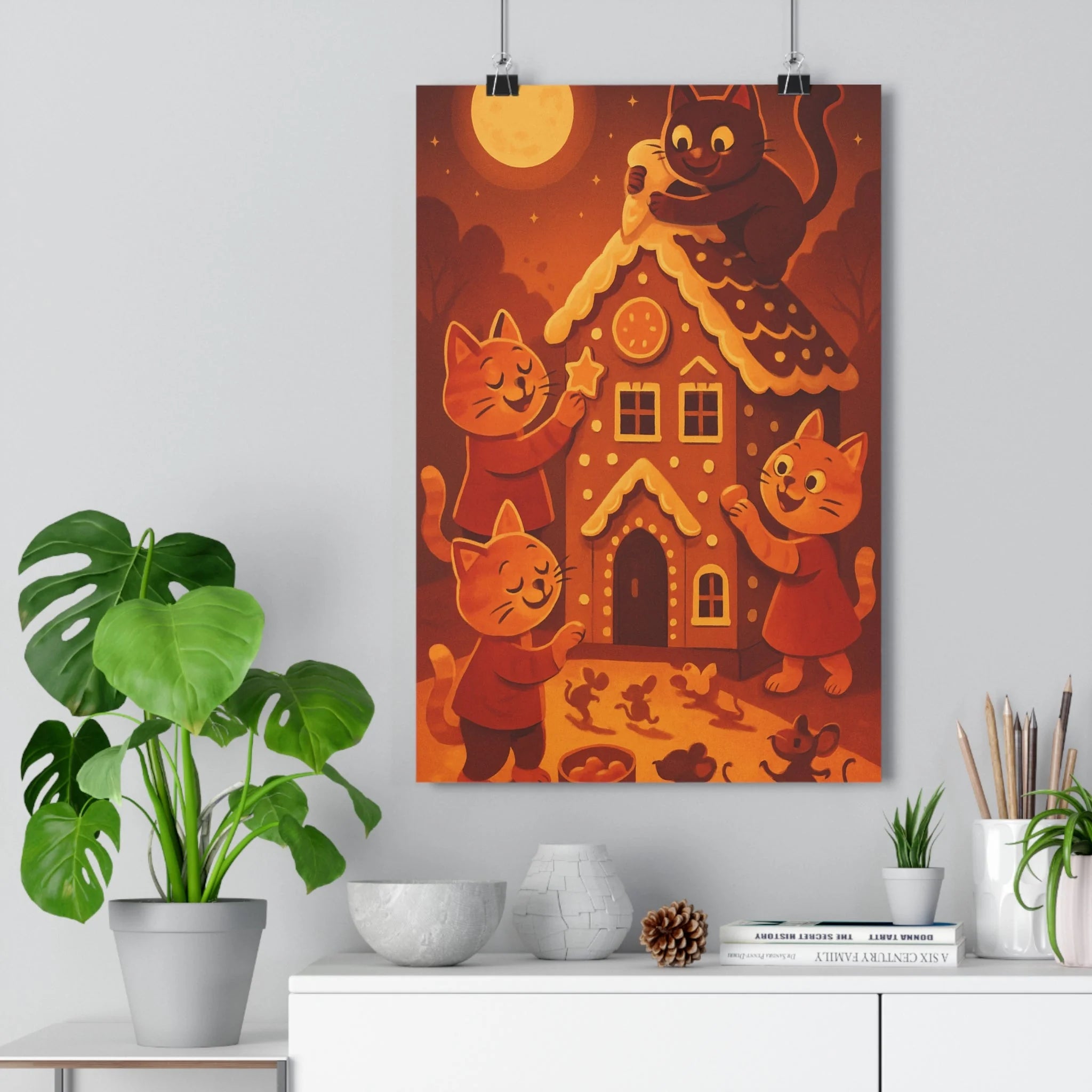 Poster décoratif Noël joyeux chats mignons maison pain épice lumière chaude festive chambre qualité