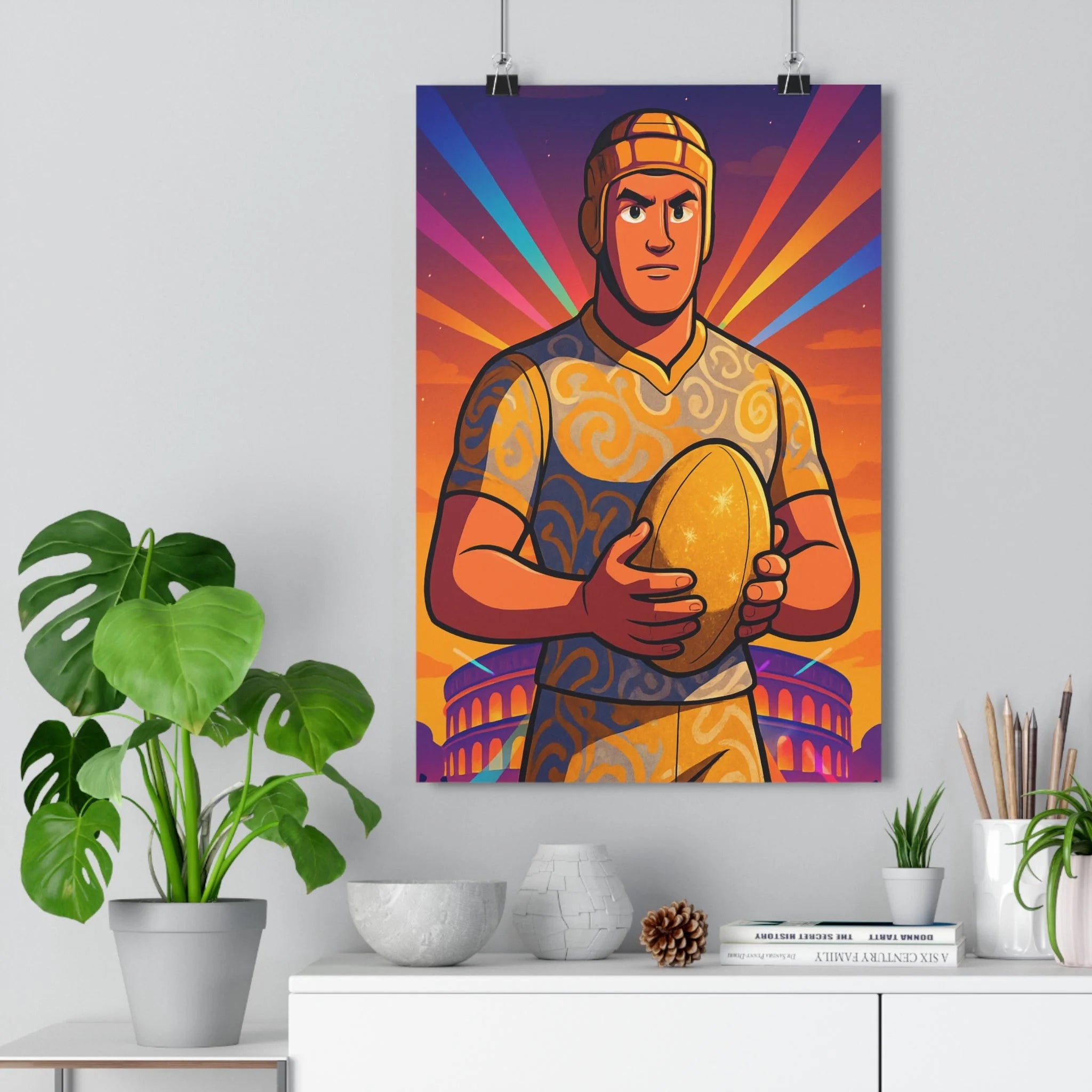 Poster décoratif épique rugby athlète doré uniforme tourbillonnant stade lumineux fantastique chambre sport 30x46