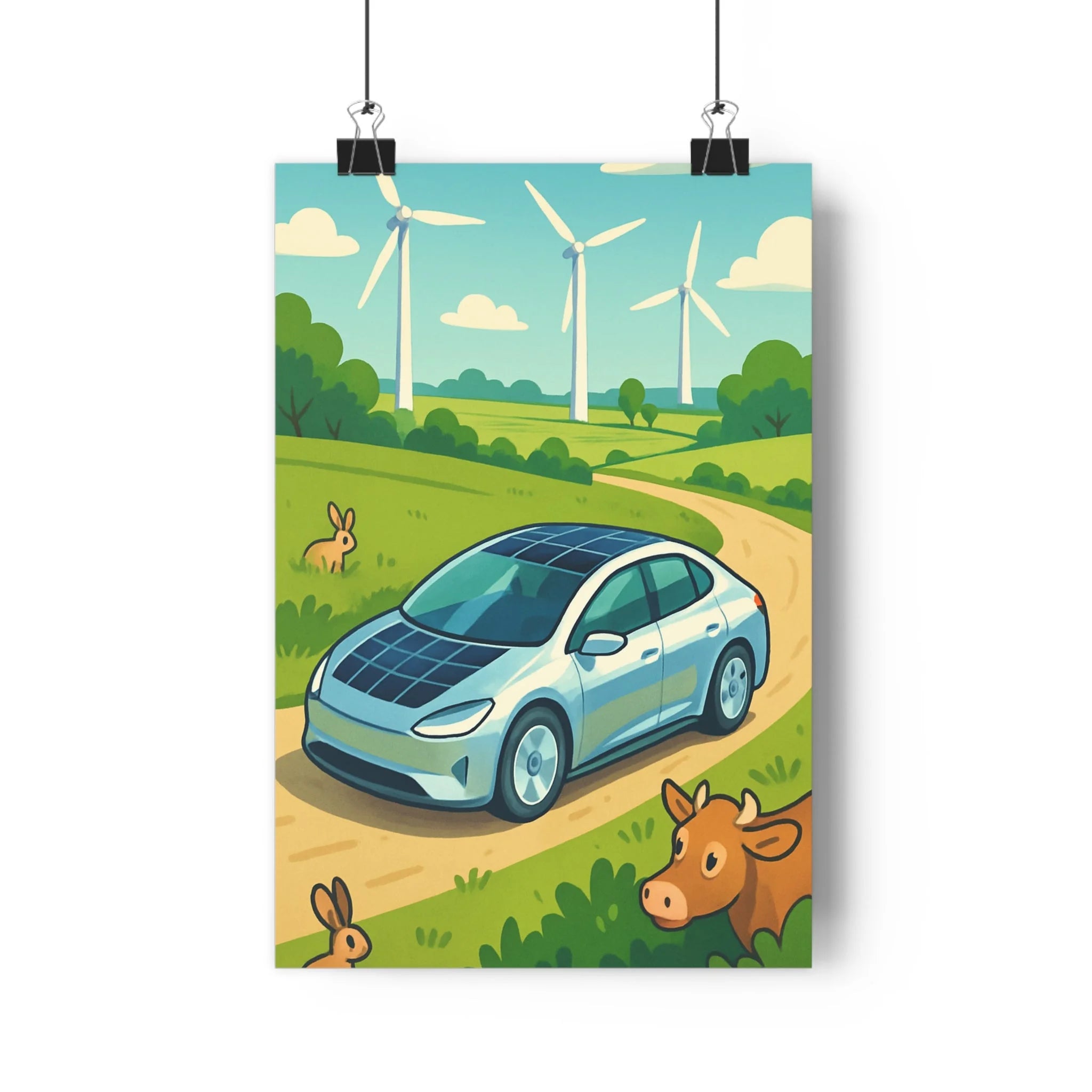 Poster décoratif voiture électrique vert nature dessin animé joyeux éoliennes campagne chambre enfant unique