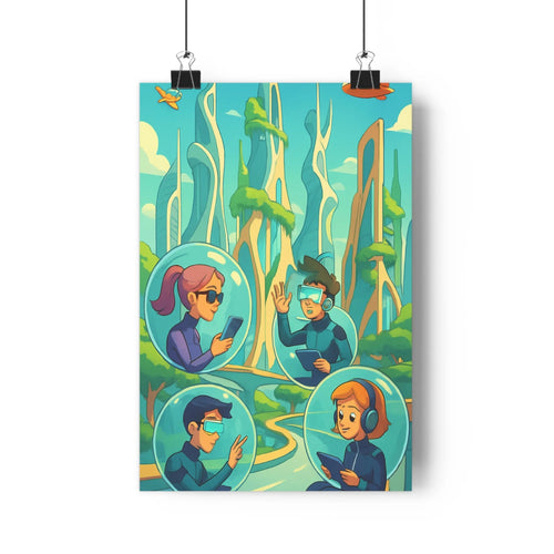 Poster futuriste nature technologie personnages écran forestier bubbles bleu vert calme cartoon simple forme moderne design chambre bureau sáng tạo
