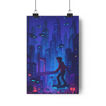 Poster homme hoverboard ville futuriste bleu violet lumières rouges ufos manteau rouge ponts rues moderne ambiance dystopique style graphique net