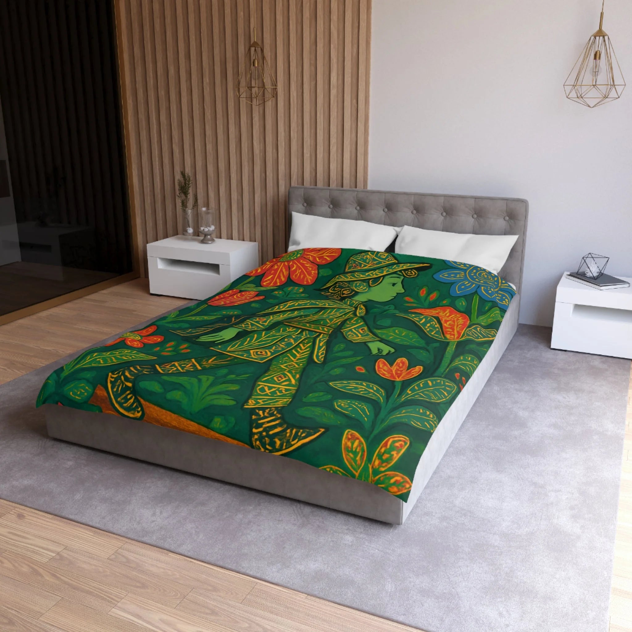 Housse de couette vibrante avec motif botanique et personnage en marche serein