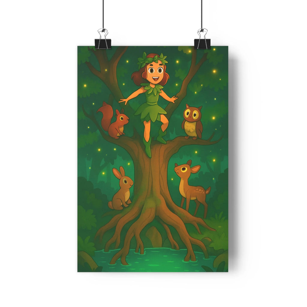 Poster décoratif forêt enchantée vert marron conte fées magique enfant nature artistique écologie chambre
