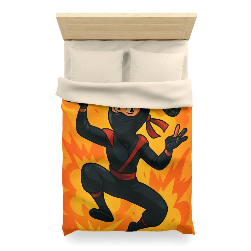 Housse de couette ninja dynamique avec explosion et grenades en fond orange vibrant
