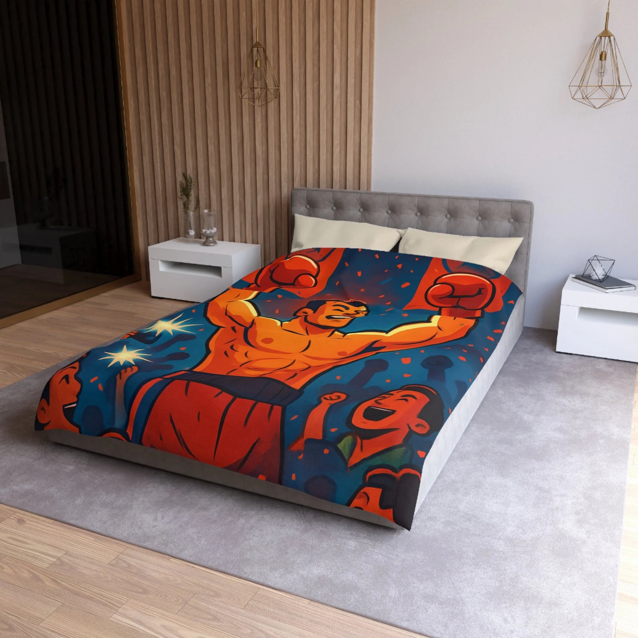 Housse de couette spectaculaire avec illustration de boxeur victorieux et public en liesse