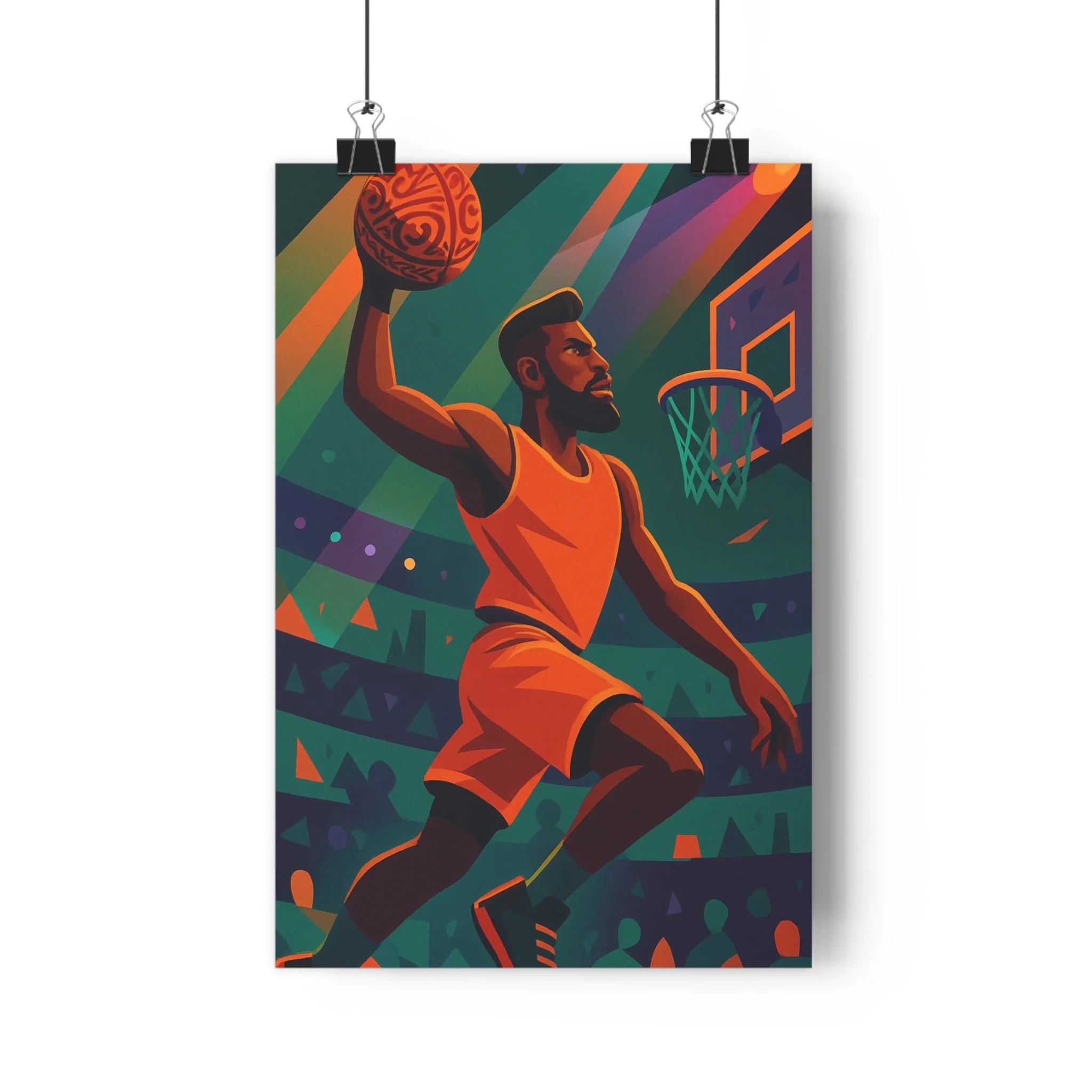 Poster décoratif dynamique orange vert abstrait sportif basket chambre ambiance énergétique vibrant unique qualité