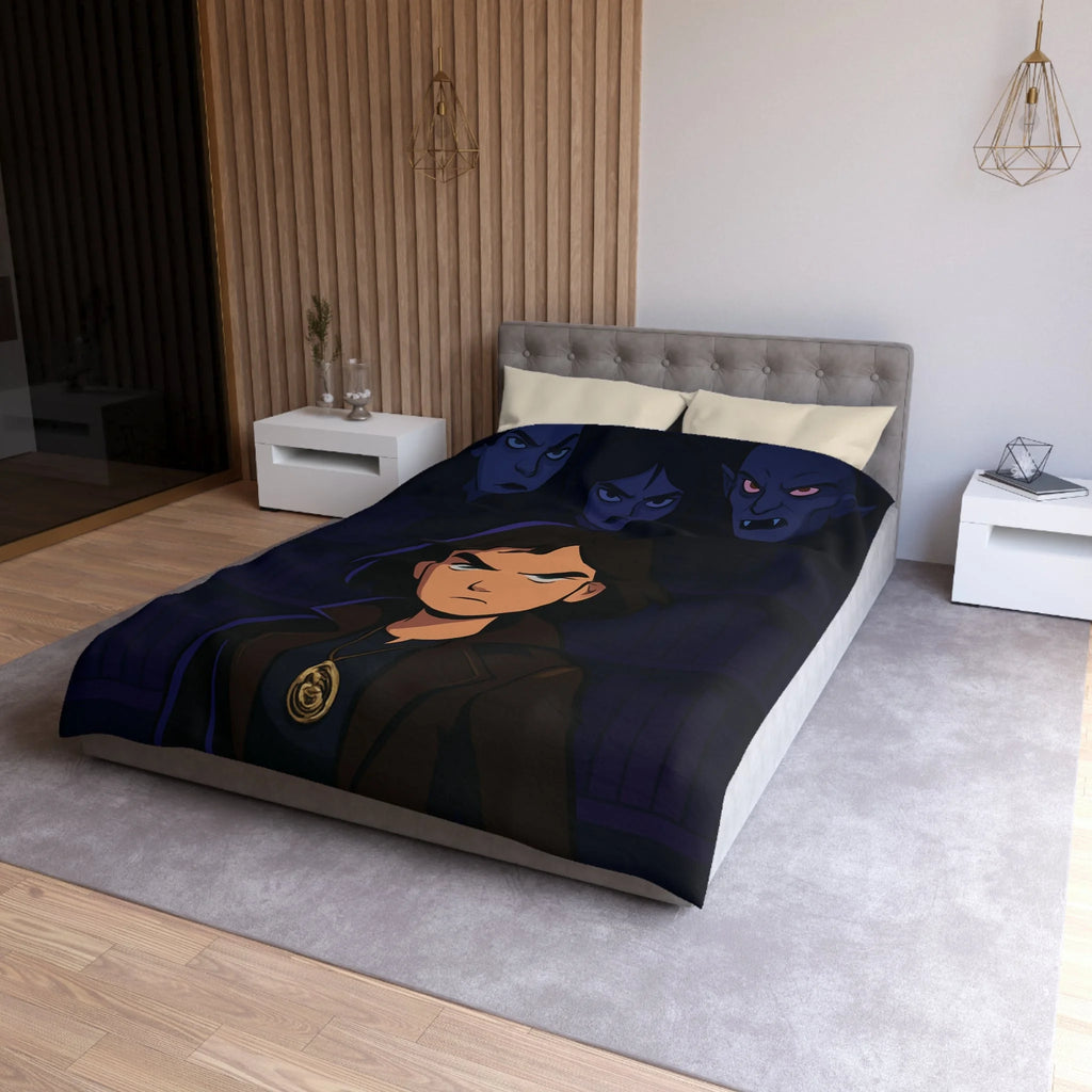 Housse de couette mystérieuse avec personnage sombre et biblio-thème style graphique