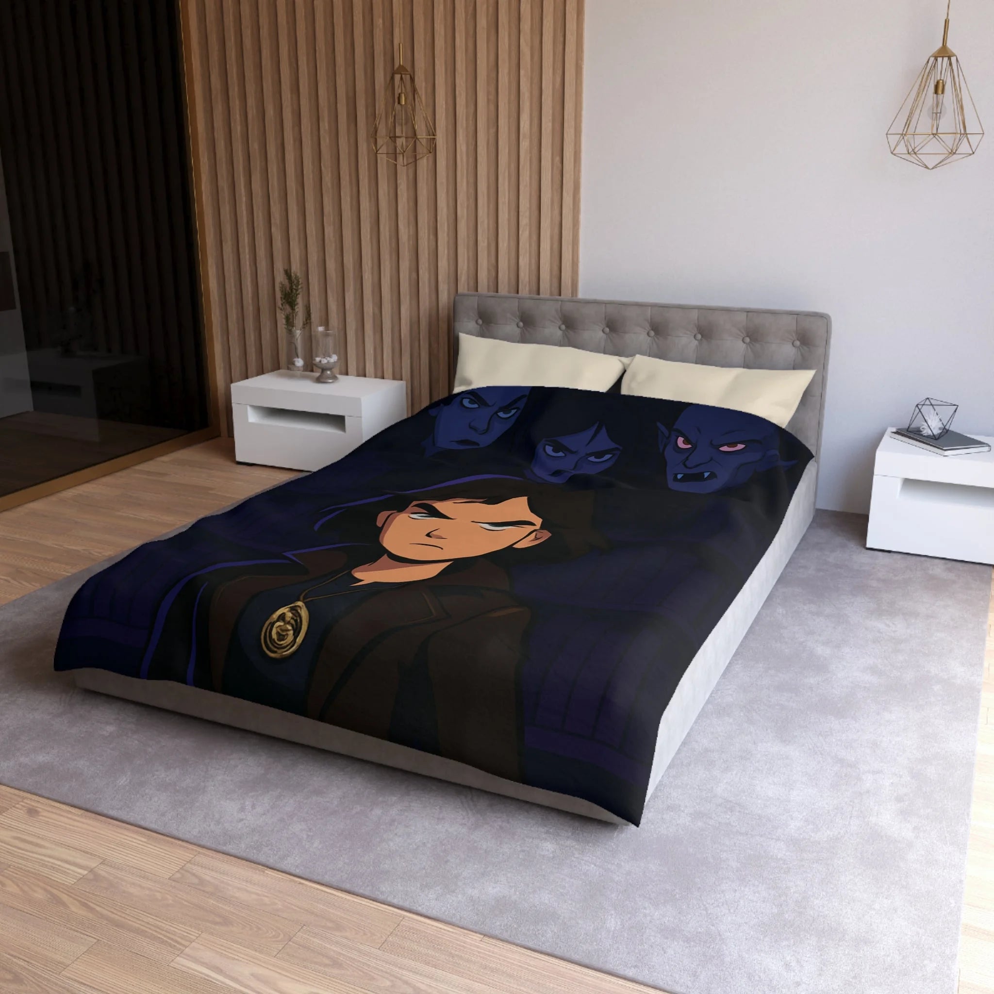 Housse de couette mystérieuse avec personnage sombre et biblio-thème style graphique