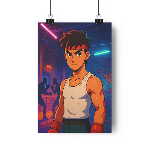 Poster moderne boxeur rouge blanc graffiti urbain industrie combats ombres douces ambiance intense compétition chambre