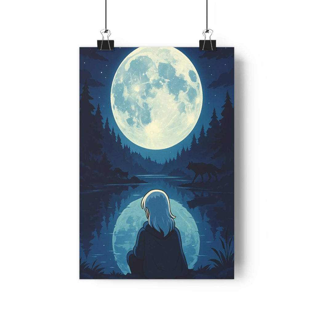 Poster décoratif dessin animé bleu gris mystique chambre salon calme rêveur paisible nature silhouette