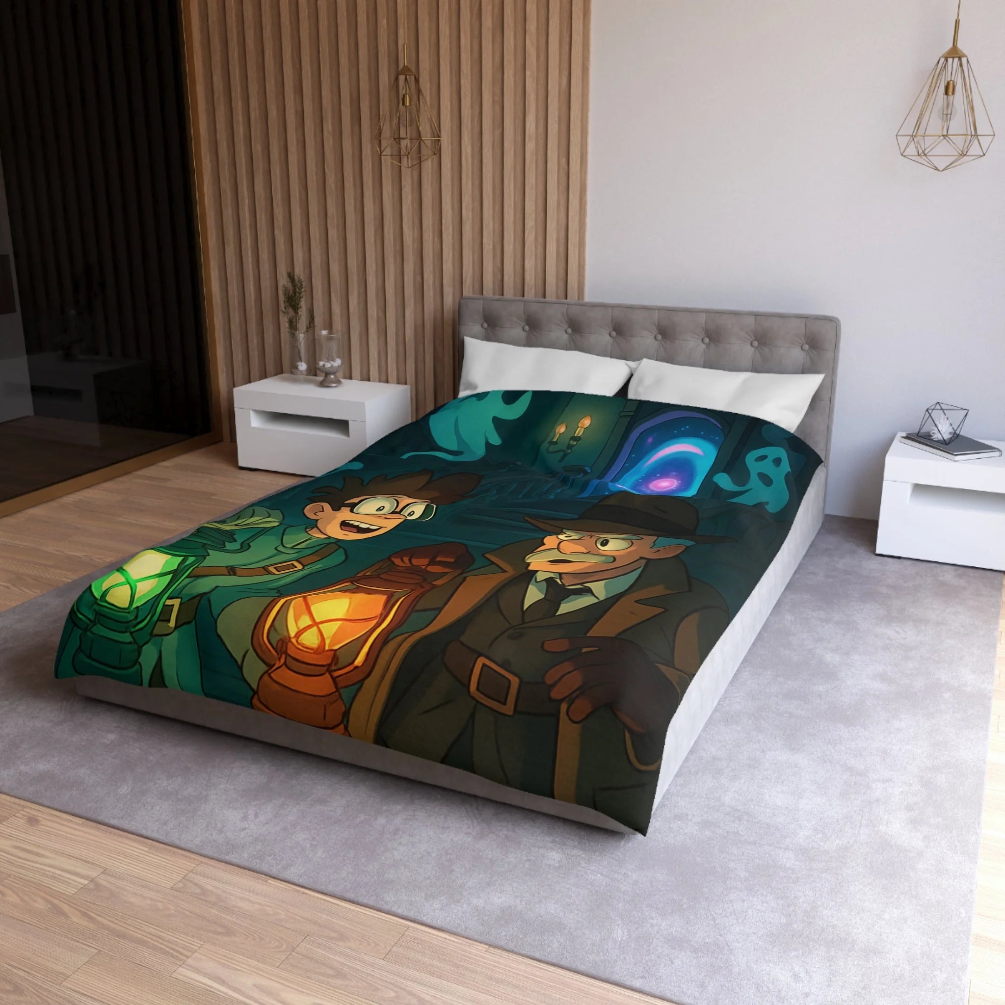 Housse de couette mystère avec lanternes, enquêteurs, fantômes et portail mystérieux