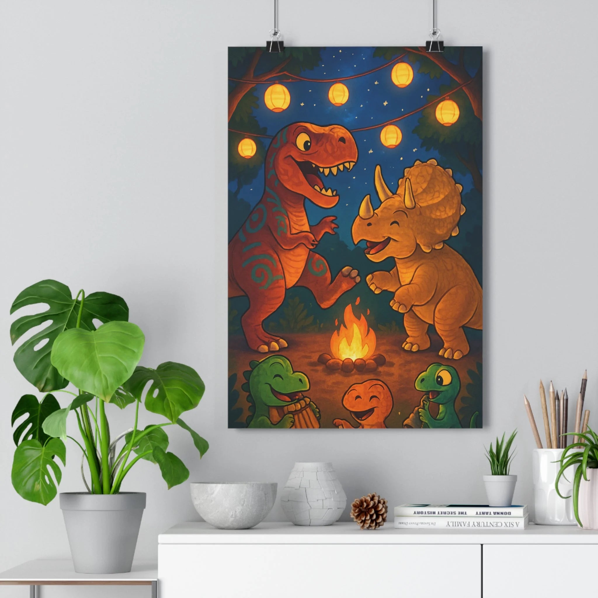 Poster décoratif cartoon enfant joyeux dinosaure musique feu lanternes chambre couleurs vives nocturne ambiance