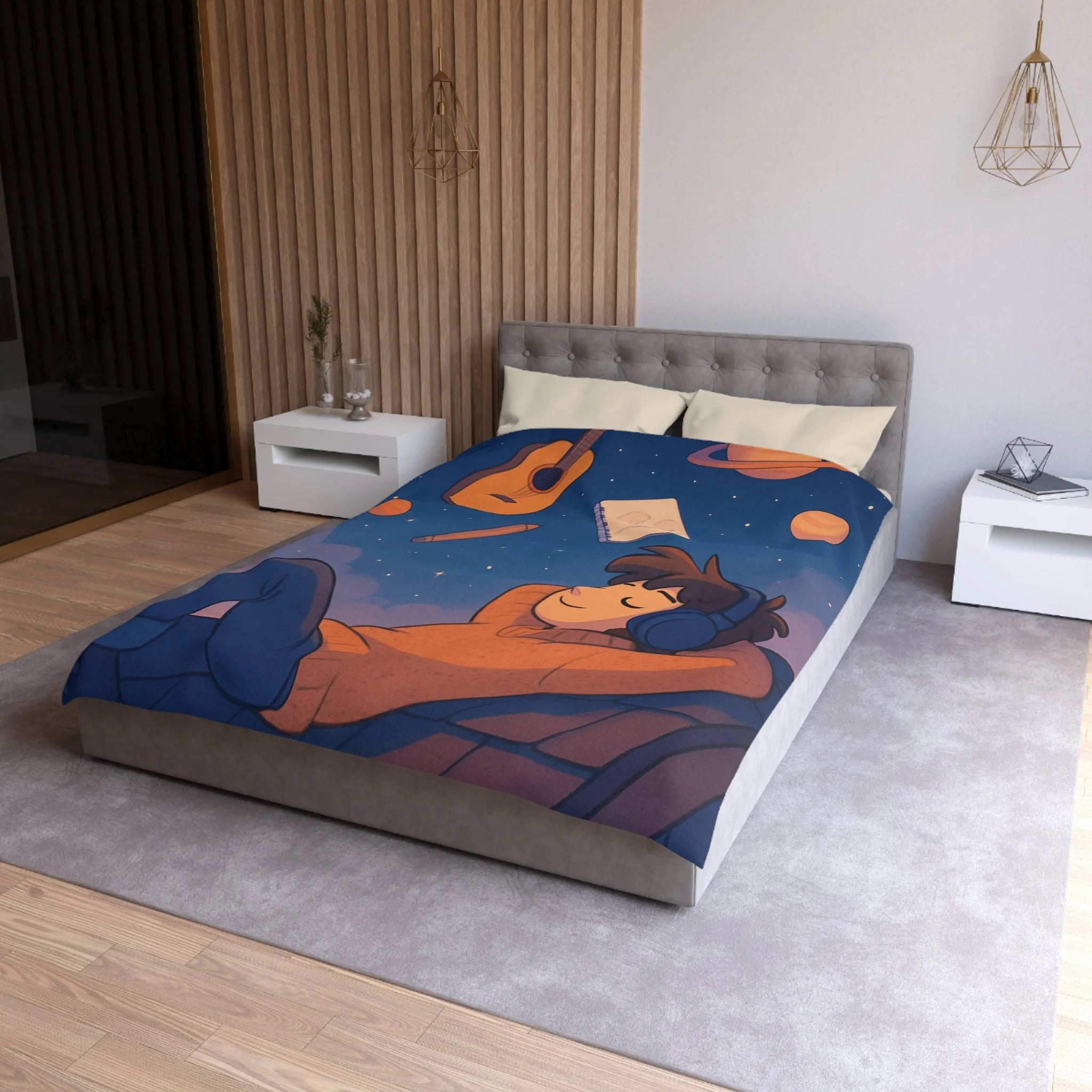 Housse de couette rêve étoilé avec guitare, planètes et rêverie d'artiste