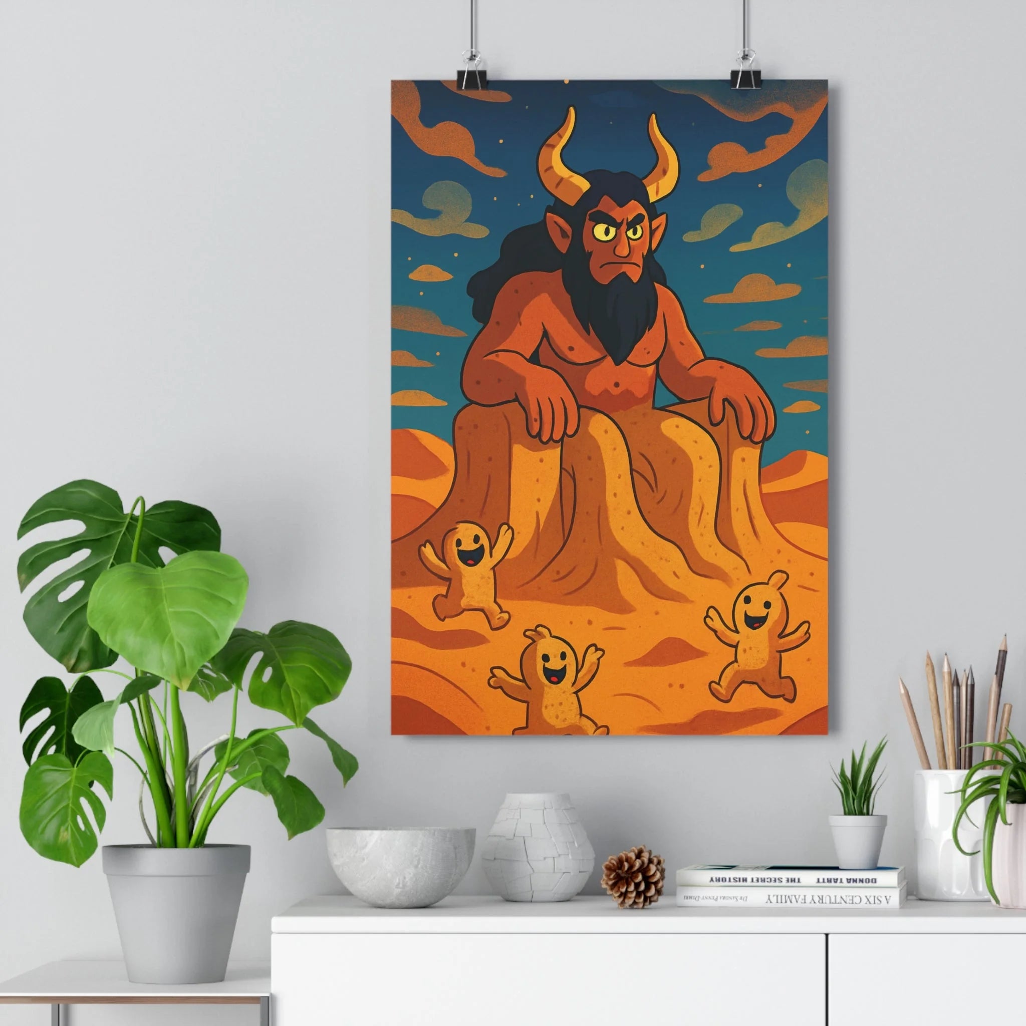 Poster décoratif cartoon mythologique géant cornes créatures sable doré bleu orange fantastique chambre qualité