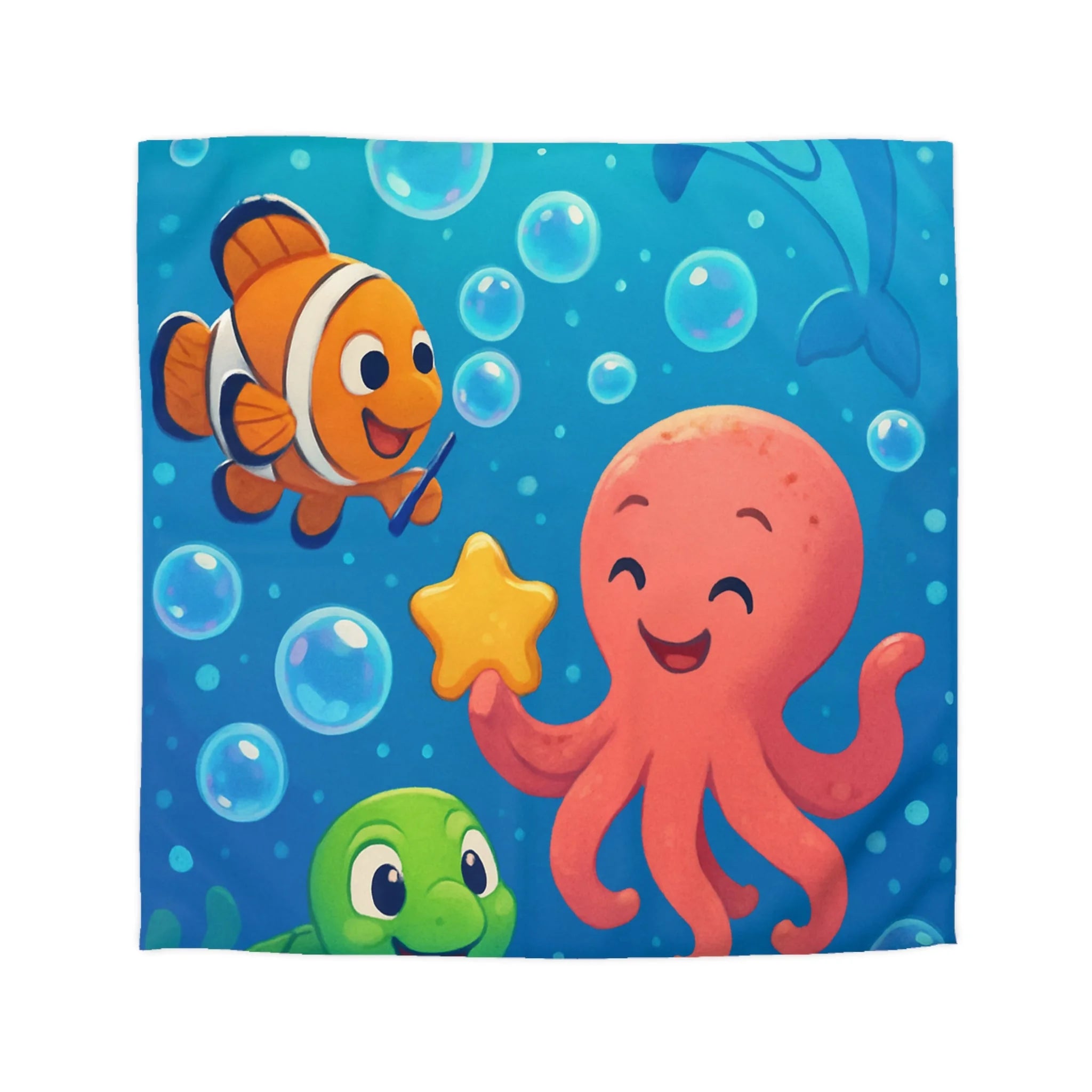 Housse de couette sous-marine avec pieuvre, dauphin, poisson clown et tortue joyeuse