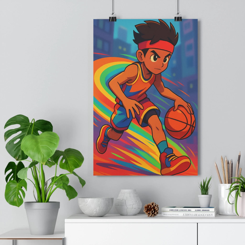 Poster décoratif basketball moderne rouge bleu jaune dynamique chambre salon vibrant sportif intense urbain