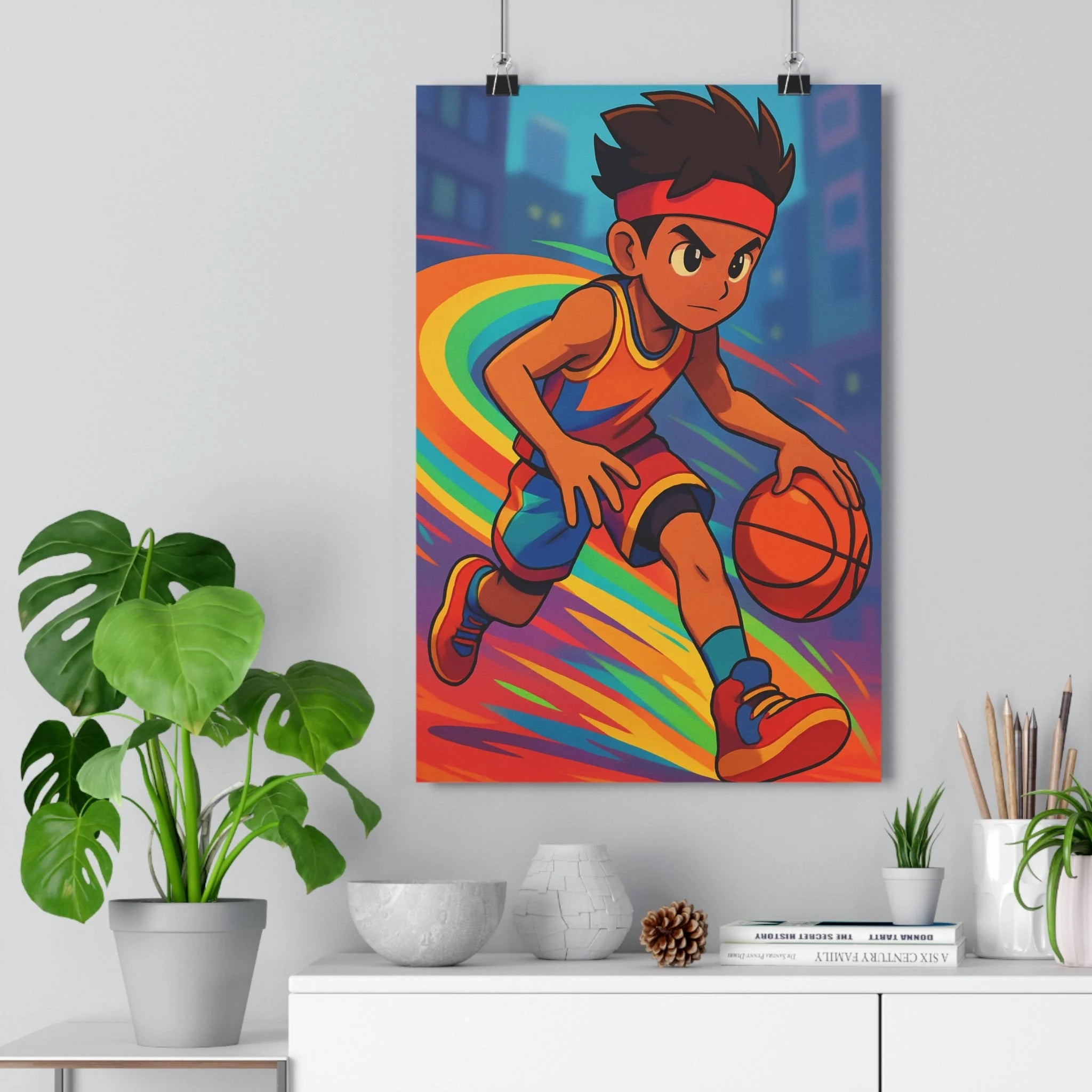Poster décoratif basketball moderne rouge bleu jaune dynamique chambre salon vibrant sportif intense urbain