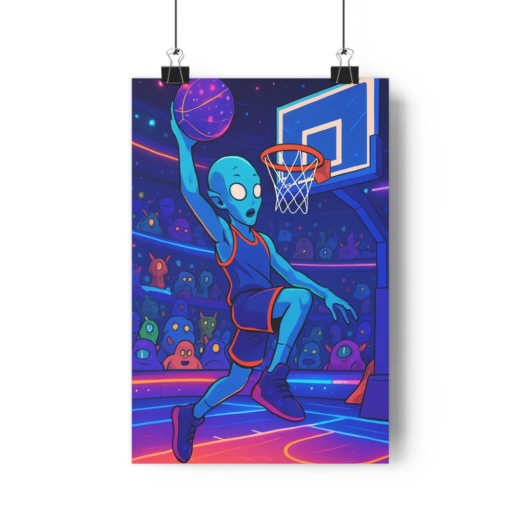 Poster décoratif basket extraterrestre bleu violet dessin animé futuriste enfant coloré ambiance joyeuse unique