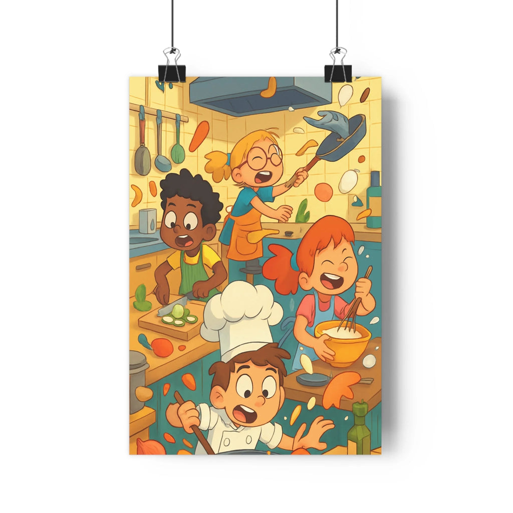 Poster décoratif ludique cuisine enfants bleu orange jaune joyeux dynamique amusant mural illustration chambre
