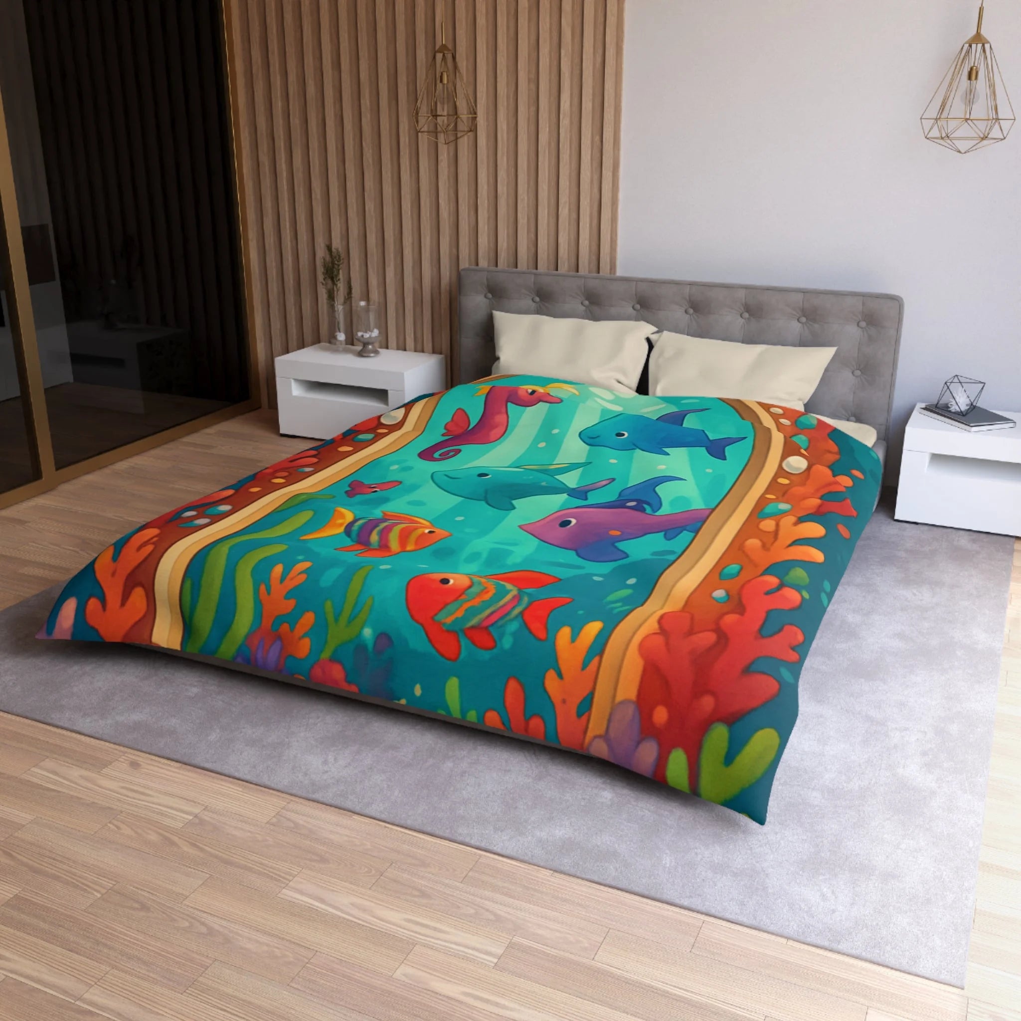 Housse de Couette Océanique avec Poissons Colorés, Coraux et Hippocampe Fantaisie Enchantés