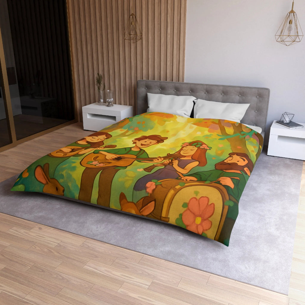 Housse de couette musicale enchantée forêt, animaux, motifs vibrants pour chambre féerique