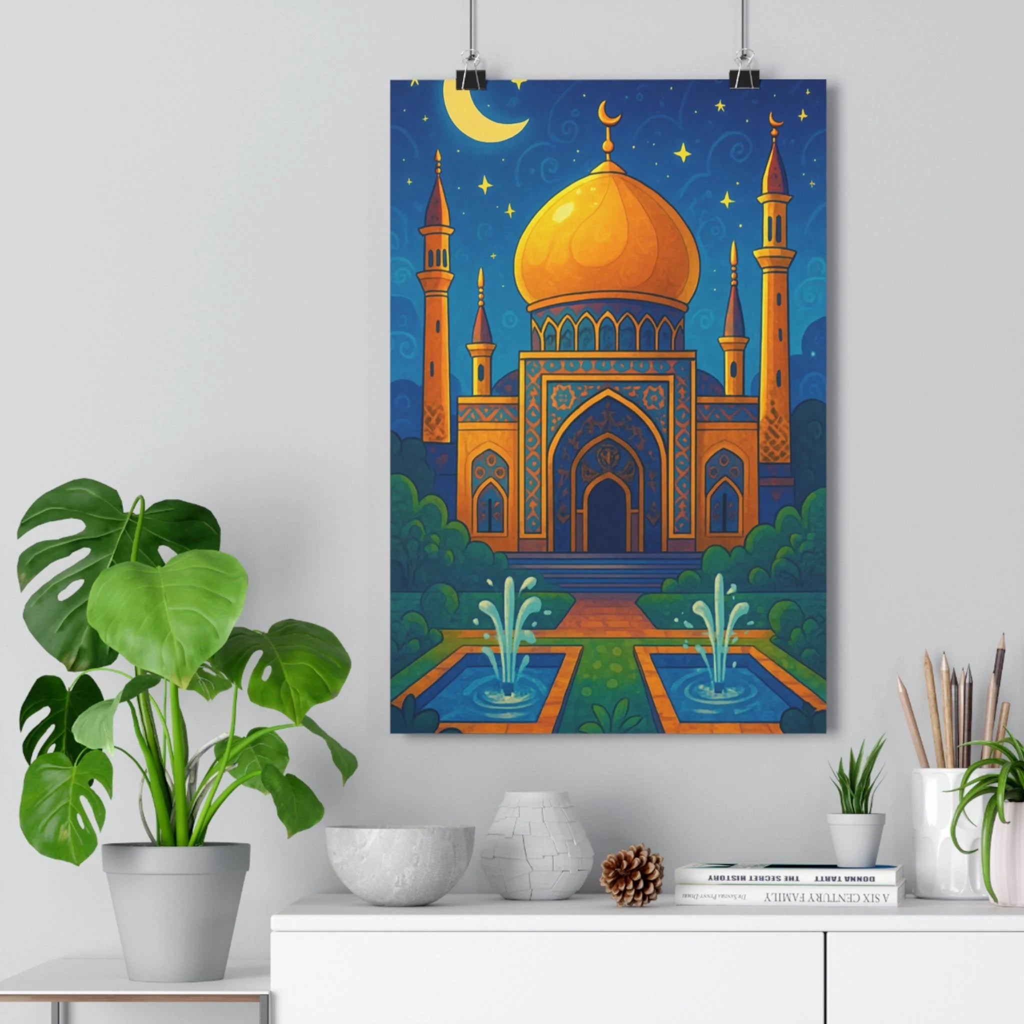 Poster décoratif cartoon bleu or paisible inspirant salon méditation mosquée ciel étoilé 30x46 cm
