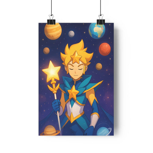 Poster féerique cartoon astrologue planètes chevelure dorée baguette magique plantes vertes livres crayons nuit mystérieuse bleu or ambiance aventure chambre