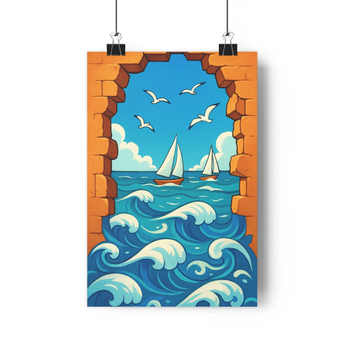 Poster océan bleu blanc voiliers oiseaux nuages ciel clair vague paisible mur pierre rustique simple coloré moderne salon chambre