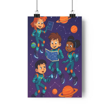Poster enfants aventure spatiale étoiles planètes combinaisons bleues détails oranges boules noël plante verte ambiance joyeuse cartoon