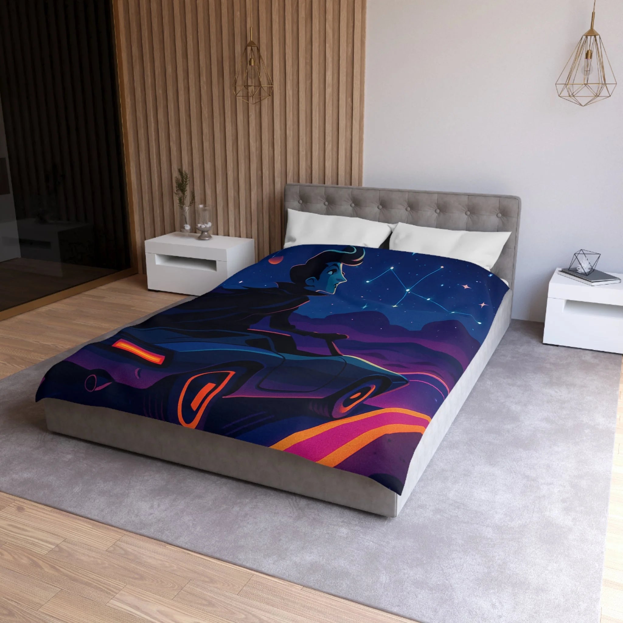 Housse de couette rétro avec constellations et voiture sous ciel étoilé et planète