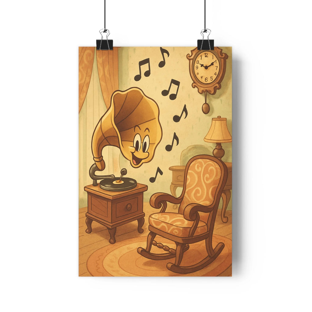 Poster décoratif vintage gramophone notes musique joyeuses salon rétro chaud brun beige ambiance qualité