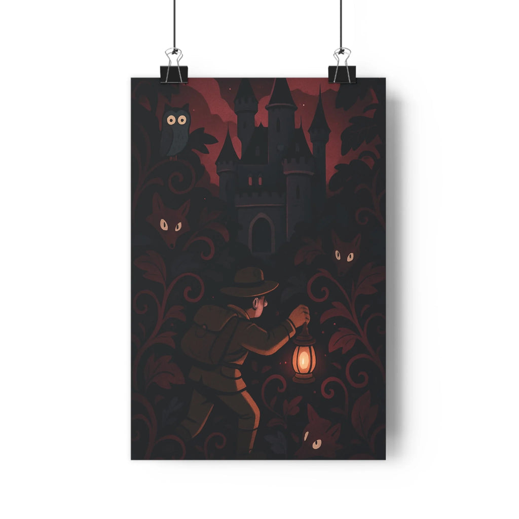 Poster décoratif mystérieux aventure bordeaux noir vintage lecture chambre forêt explorateur château impressionnant format