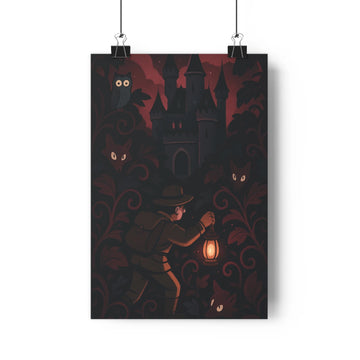Poster explorateur lanterne château nuit oiseaux yeux chats foret sombre rouge brun vert contours nets réalisme mystère chambre salon