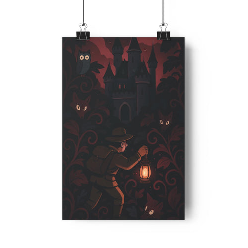 Poster explorateur lanterne château nuit oiseaux yeux chats foret sombre rouge brun vert contours nets réalisme mystère chambre salon