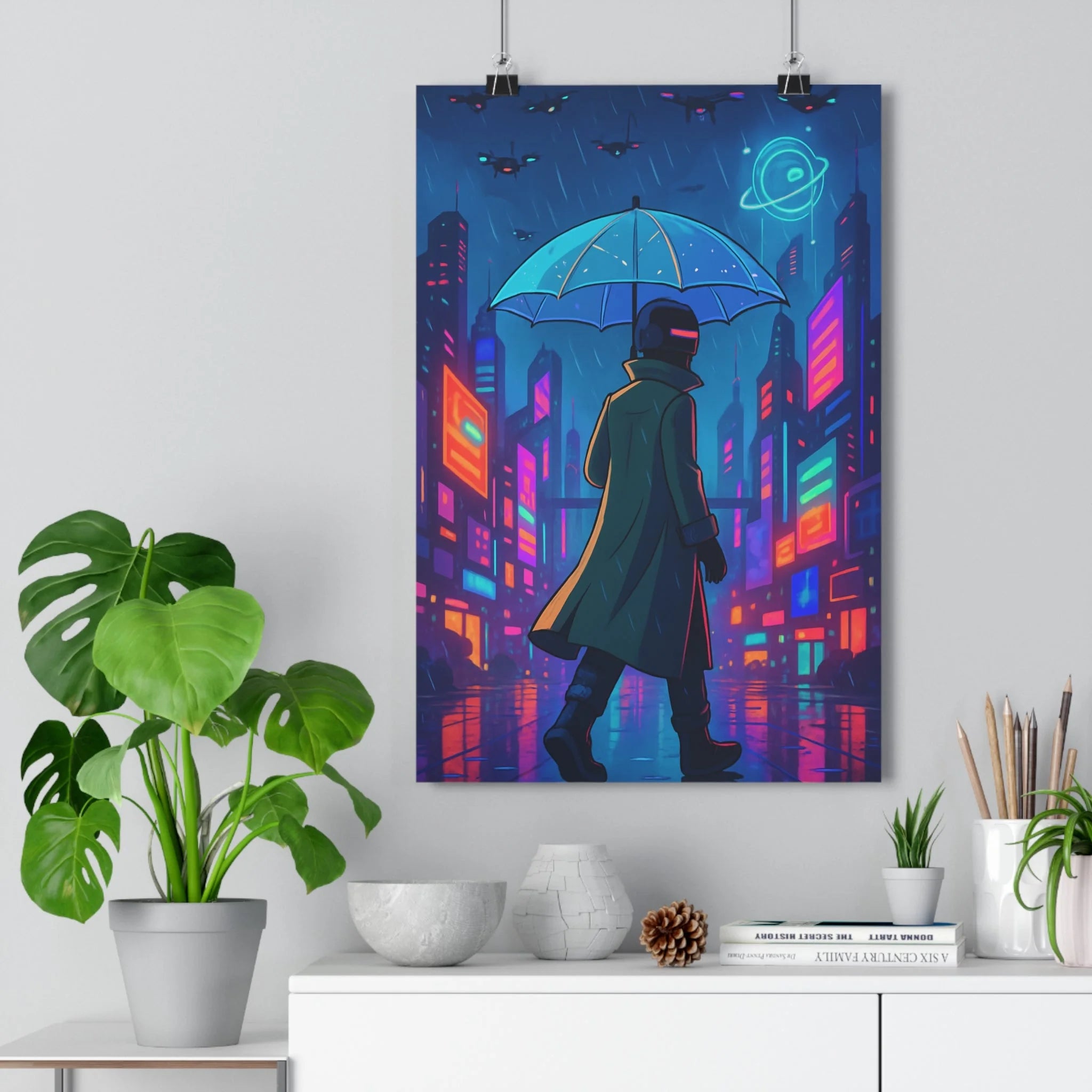 Poster décoratif néon cyberpunk futuriste violet bleu ambiance urbaine chambre salon qualité unique qualité