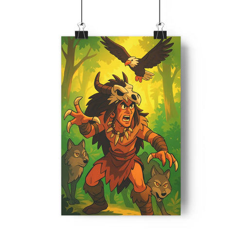 Poster guerrier forêt crâne loup aigle orange noir vert ombres douces contours nets ambiance intense dramatique style cartoon fantastique chambre