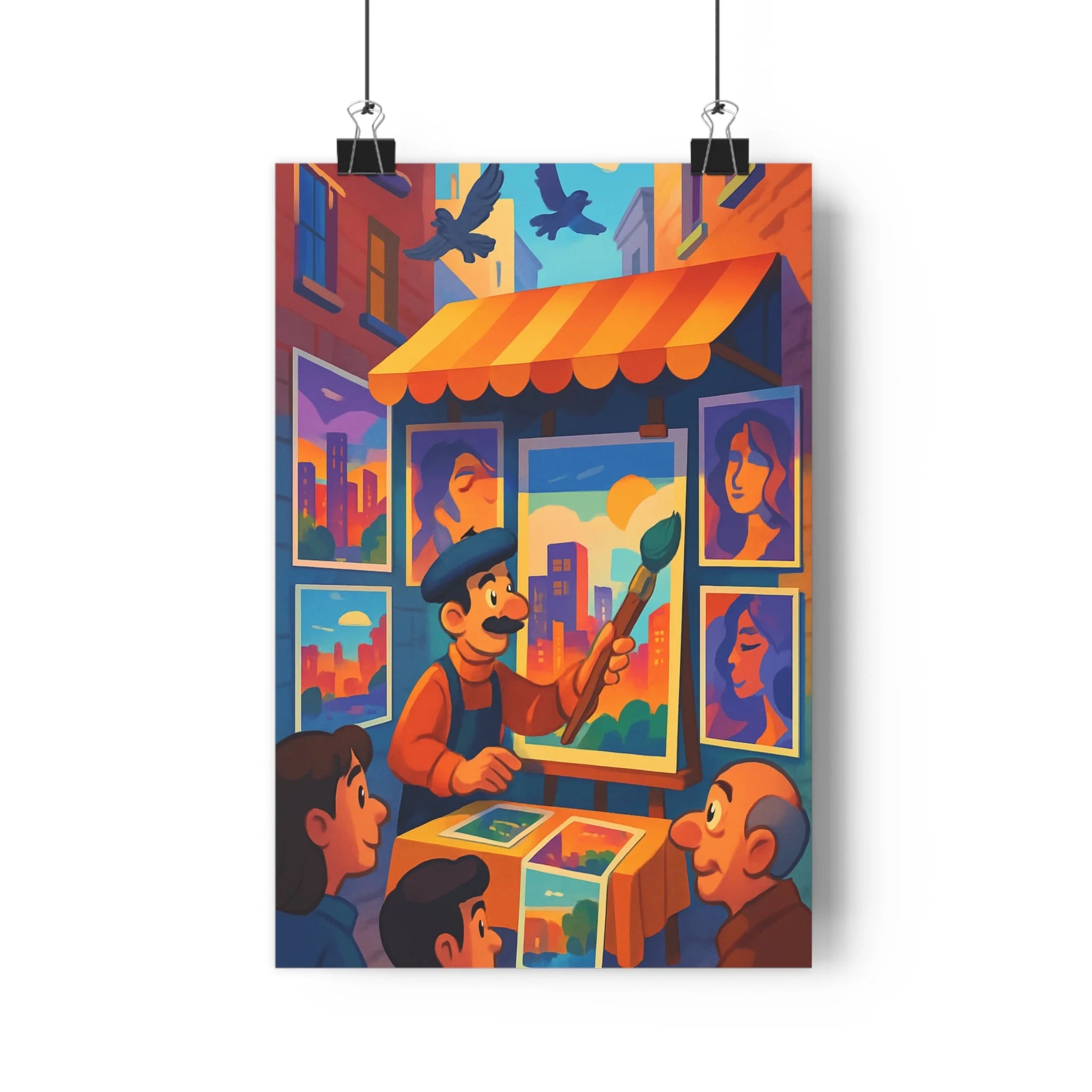 Poster décoratif urbain animé artiste bleu orange violet salon bureau contemporain vibrant design élégant