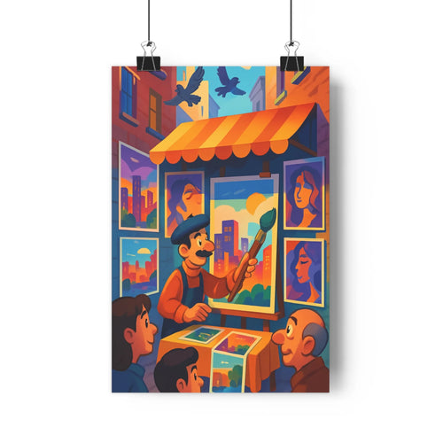 Poster artiste peintures foule tablier brosse toiles portraits urbain oiseaux volants bâtiments couleurs bleues rouges jaunes ambiance lumineuse style illustratif