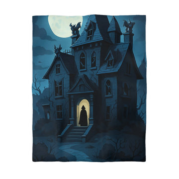 Housse de couette mystérieuse avec manoir gothique sous la pleine lune effrayante