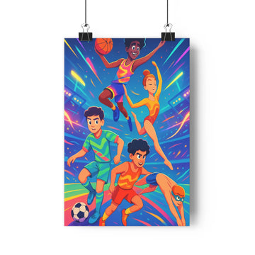 Poster sportif dynamique couleurs vibrantes bleu nuit rouge violet poses agiles football course relais basket ambiance festive graphique cartoon contours