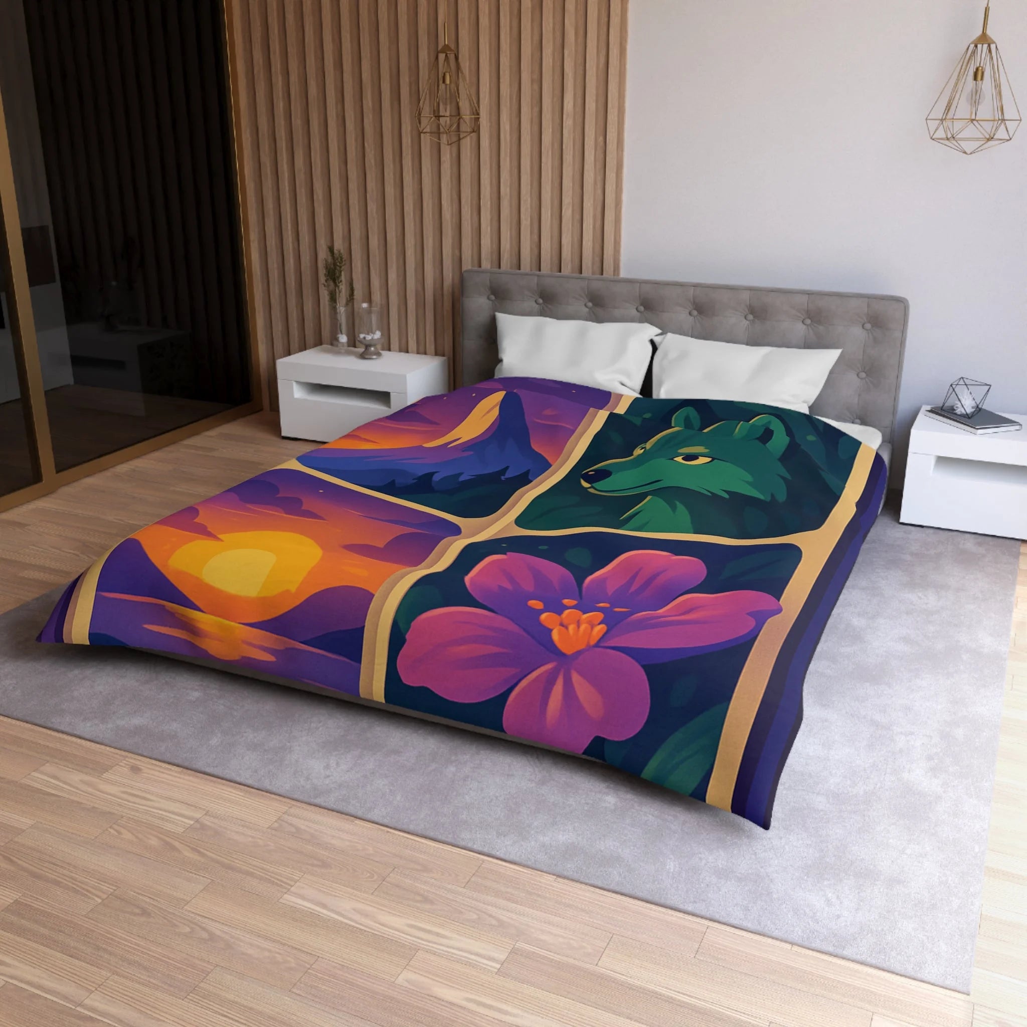 Housse de Couette Paysage Montagne Forêt Animale Florale Vibrante pour Chambre Moderne