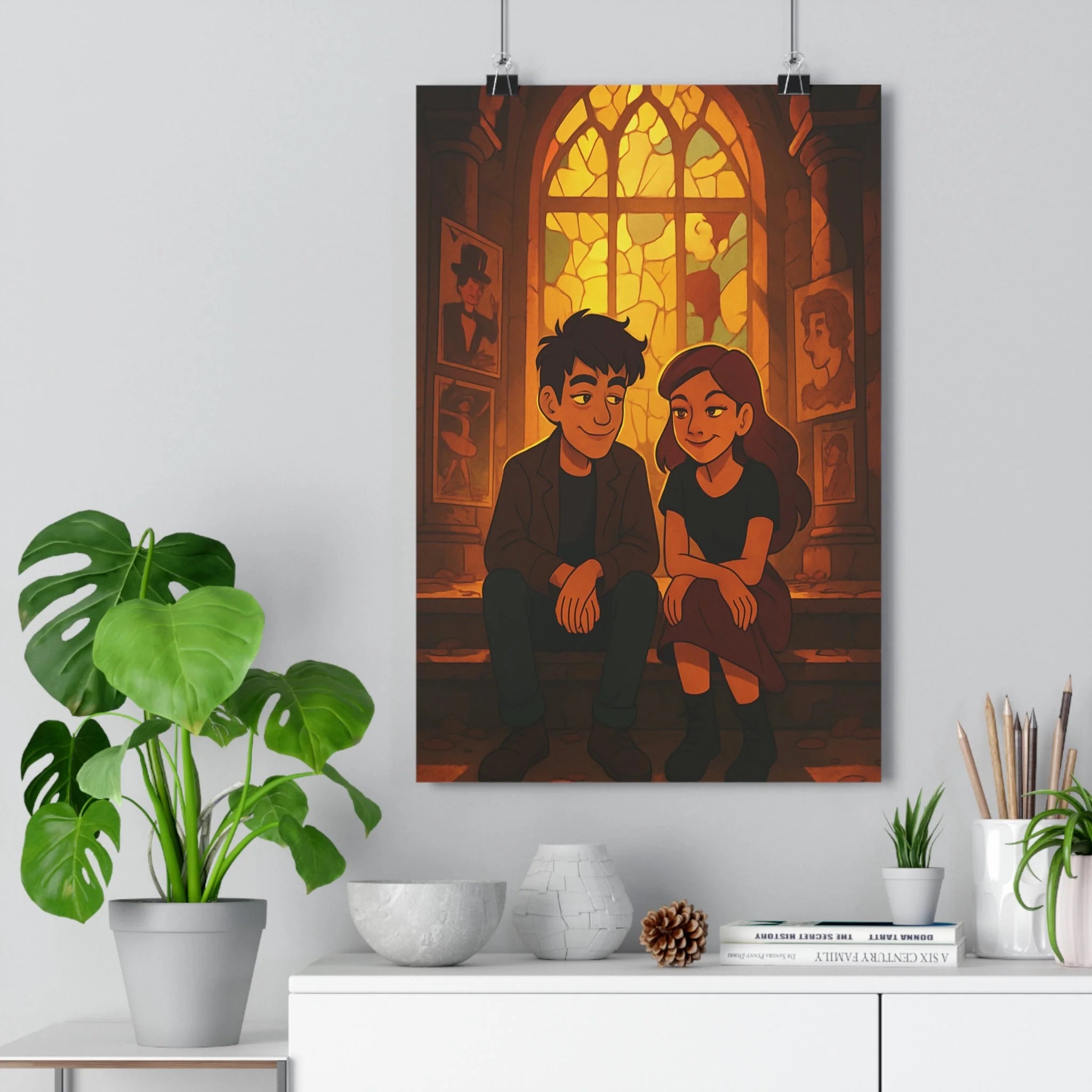 Poster décoratif animé vintage doré mystique salon chambre aventure fenêtre vitrail complice ambiance chaleureuse