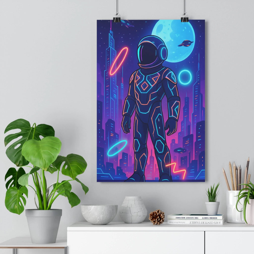 Poster décoratif astronaute futuriste bleu violet néon urbain mystère bureau moderne dynamique lumières étoiles