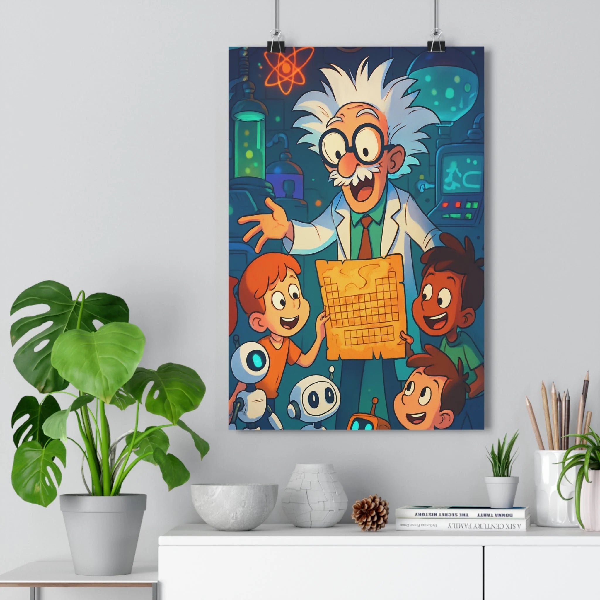 Poster décoratif sciencefiction cartoon éducatif bleu orange chambre enfants robots amusant décor mural vibrant