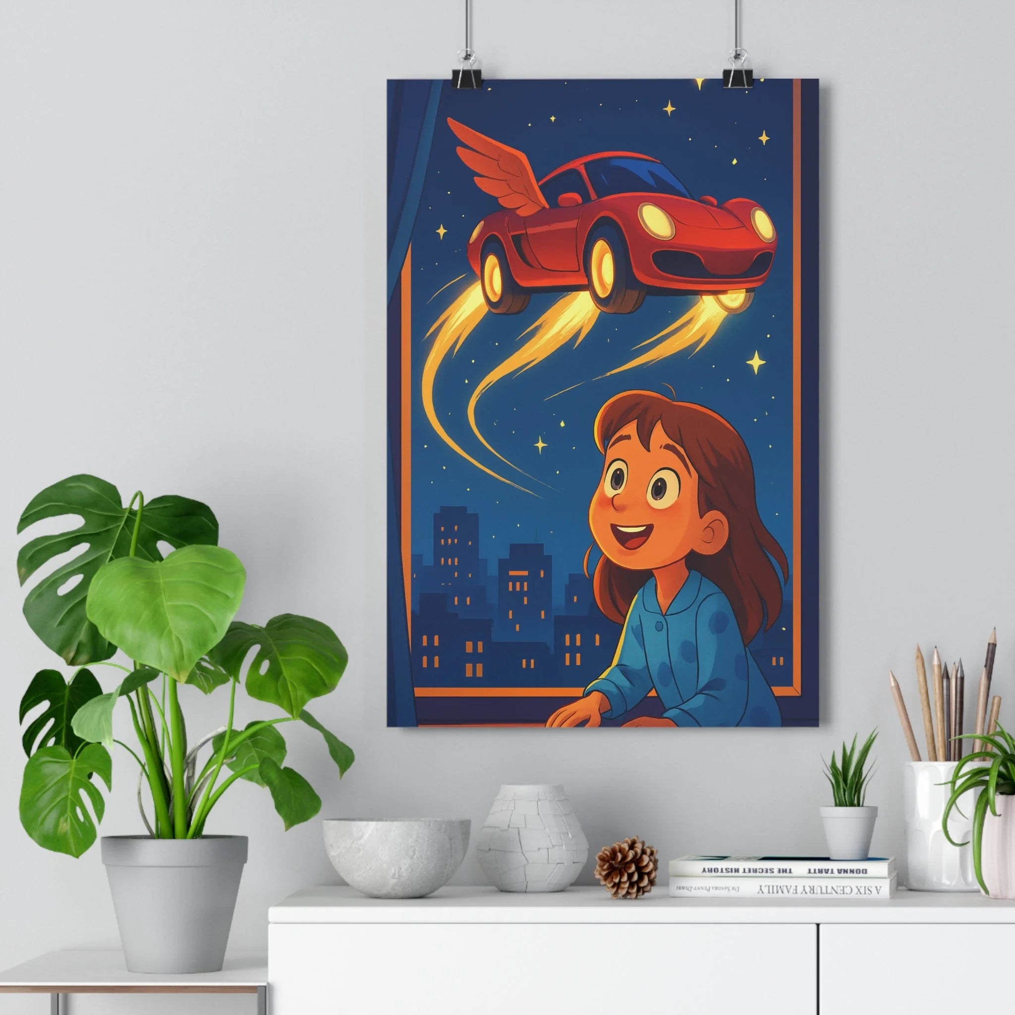 Poster décoratif rouge bleu enfant aventure onirique magique chambre art mural fantastique créativité inspiration