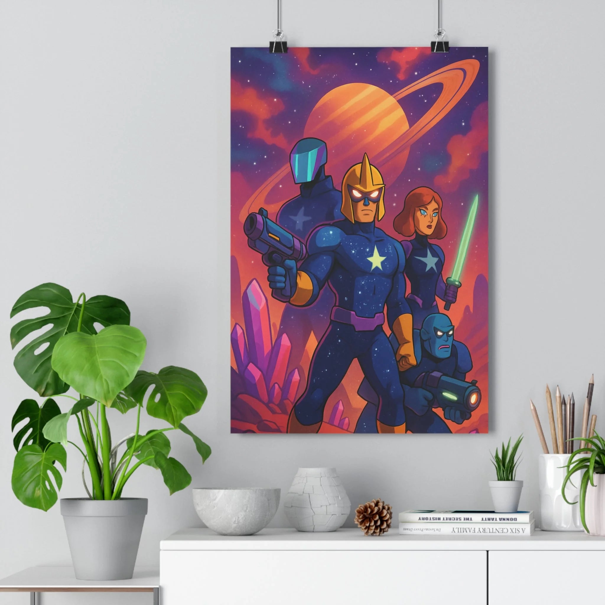 Poster décoratif dessin animé bleu violet sciencefiction héros espace aventure chambre bureau dynamique qualité