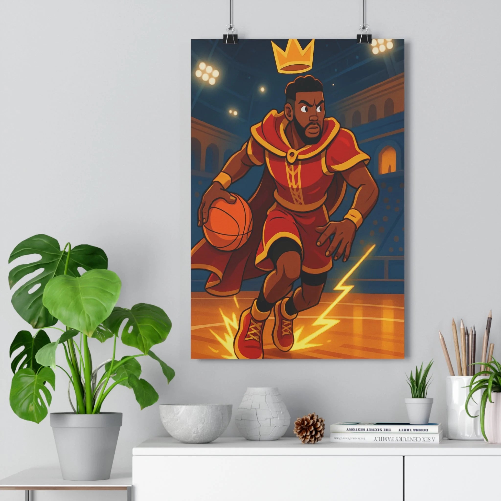 Poster décoratif basketball rouge jaune graphique animé dynamique chambre jeux enfant fan sportif 30x46