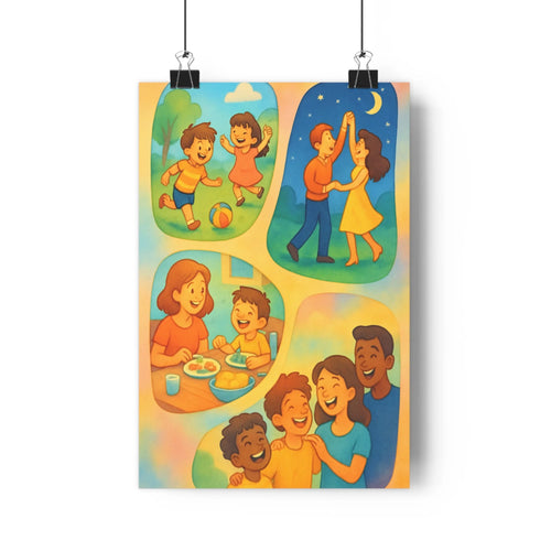 Poster joyeux enfants ballon parc danse lune famille table amis nature vert bleu orange cartoon expressions faciles intérieur chaleureux